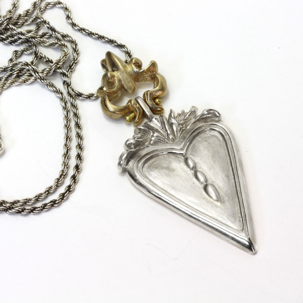 Victorian Heart Pendant Silver and Bronze Necklace